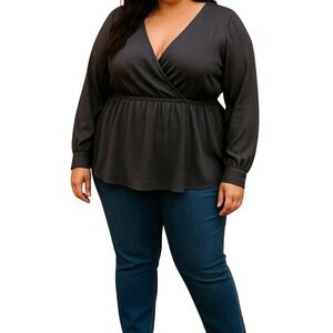 Torrid Size 2 Gray Surplice Peplum Blouse | Long Sleeve 2-Button Cuff...